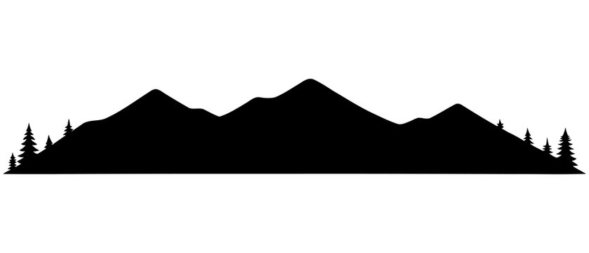 Black mountain silhouette with pine tree border on a transparent background, ideal for landscape graphic design and outdoor banners.