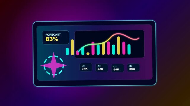 A vibrant Predictive Analytics Dashboard displays fluctuating financial data with glowing bar charts and line graphs showing quarterly growth on a dark digital interface screen.