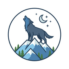 Fototapeta premium Wolf howling on mountain night circle badge