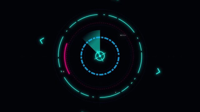 Seamless futuristic cyber security radar sweep HUD loop. Abstract glowing neon target tracking scanner for AI data analysis, surveillance tech, and B2B enterprise software interface backgrounds.