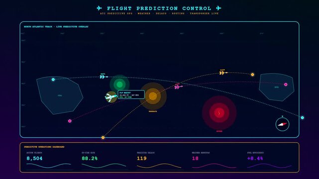 An advanced futuristic predictive analytics dashboard shows real time air traffic monitoring with animated flight paths and data metrics for optimized global aviation logistics management