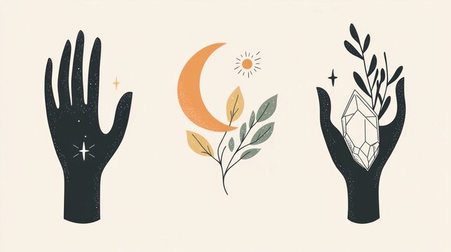 Hand logo design collection with crescent moon, leaf, and crystal element. Flat vector minimalism design