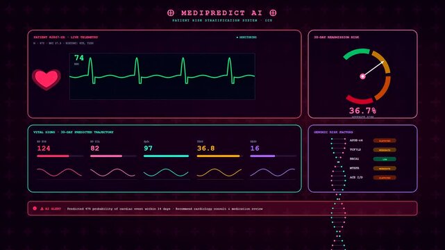 This futuristic medical predictive analytics dashboard monitors patient vital signs in real time while displaying risk levels and genetic markers on a dark high tech display interface