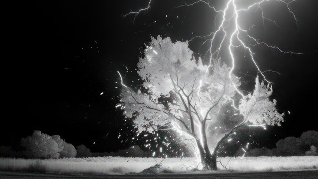 Dramatic lightning strike on a tree