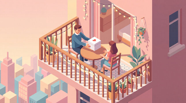 Couple with gift box on balcony. Romantic date night illustration in isometric style.