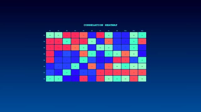 A dynamic digital interface displays a predictive analytics dashboard updating in real time as data points shift across the colorful correlation heatmap.