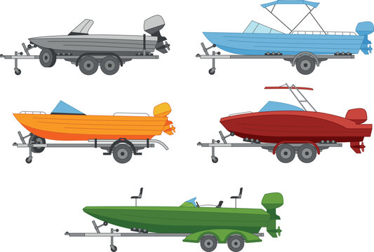 A set of specialized boat trailers, each holding a different type of boat or motorboat, ready for transport. Each trailer has a unique configuration, depending on the type of vessel being transported.