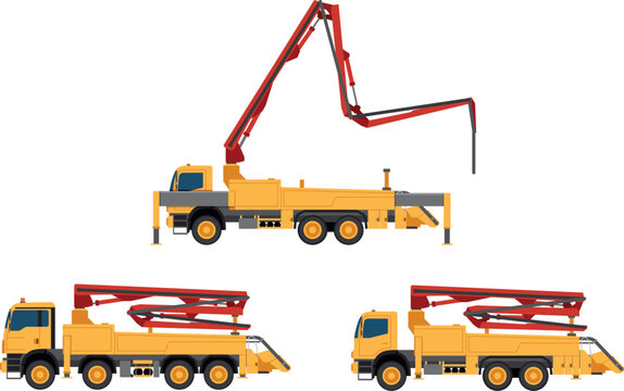 A set of concrete pumps with a red folding boom for pumping concrete. This equipment is used for transporting and pouring liquid concrete at a construction site.
