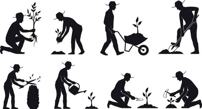 A set of silhouettes of gardeners or vegetable growers engaged in various gardening activities such as planting trees, weeding beds using garden tools and watering plants
