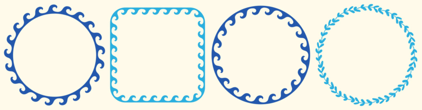 Blue decorative summer wave frames set, Mediterranean Greek nautical vector border shapes with copy space