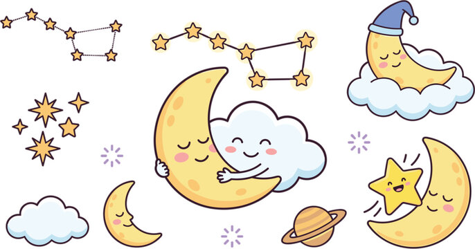 Cute cartoon night sky vector illustration set with sleeping moon characters hugging cloud stars constellations and planet elements