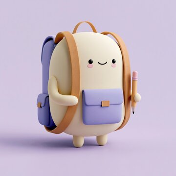 Cute cartoon character with a backpack and pencil ready for school