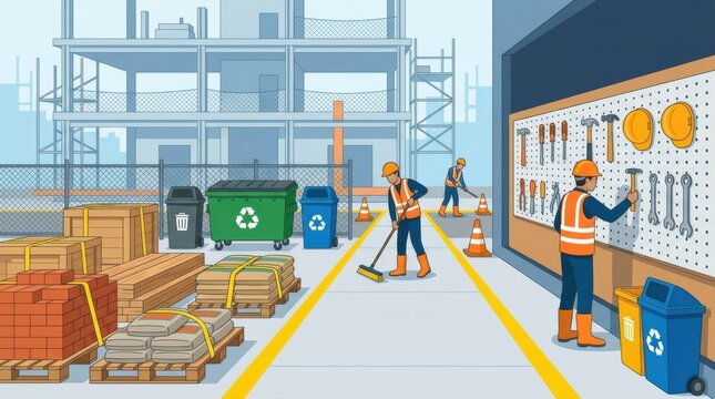 Workers manage tools and materials at a construction site. They focus on housekeeping, ensuring safety and order among equipment and supplies.