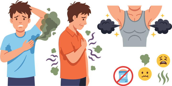 Body odor and excessive sweating vector illustration set with man suffering from hyperhidrosis bad armpit smell and sweat stains