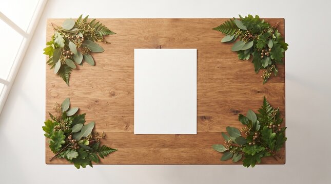 top view of blank paper mockup on wooden table decorated with green leaves in four corners