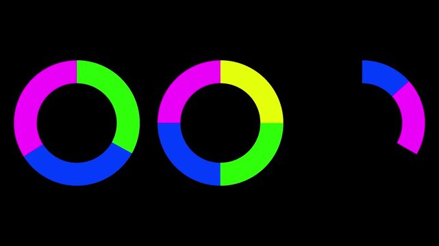 Colorful segmented circle infographic elements and pie charts isolated on a black background for business presentations.