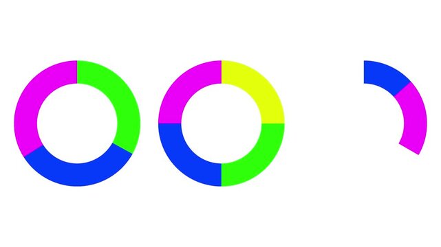 Colorful segmented circle infographic elements and pie charts isolated on a white background for business presentations.