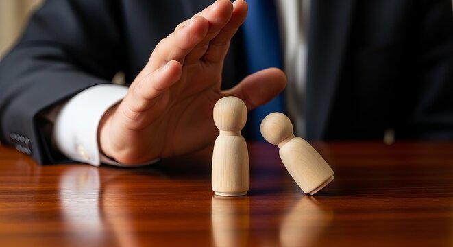 Preventing a domino effect with wooden figures and hand.