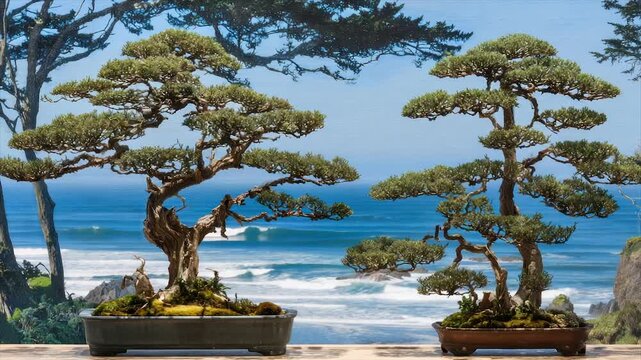 Two miniature bonsai trees frame a seascape backdrop of ocean waves and blue skies
