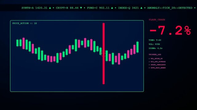 Anomaly detection interface displaying market crash data on glowing green and red candlestick charts with vertical indicator lines in dark monitoring terminal software room