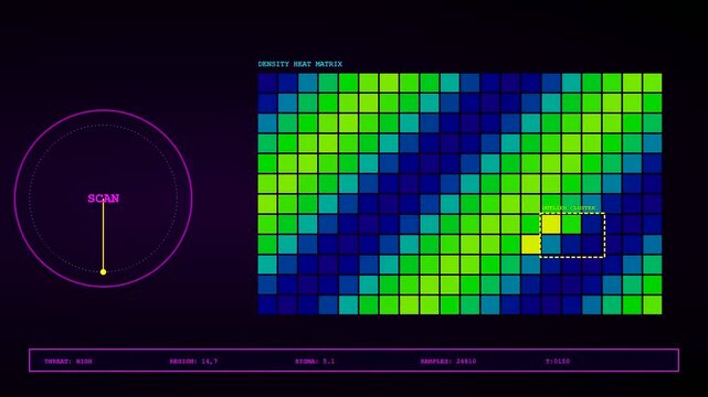 Anomaly detection software showing digital surveillance scan with rotating radar and grid matrices on dark purple computer screen monitor during system audit