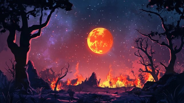 Landscape in fantasy alien planet with flaming moon and galaxy background