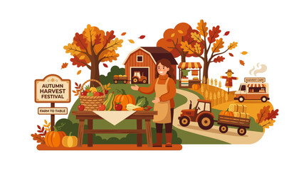 Farmer stands near a wooden table at an outdoor autumn harvest festival event with produce. © Fitriyani