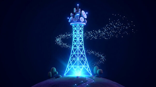 Futuristic Communication Tower Glowing with 5G signal network particles for telecom, internet connection, and digital data transfer concept