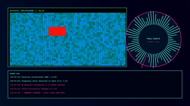 Advanced digital anomaly detection screen displaying real time acoustic spectrograph data analysis with glowing circular frequency charts and diagnostic event logs in a cyber operations interface