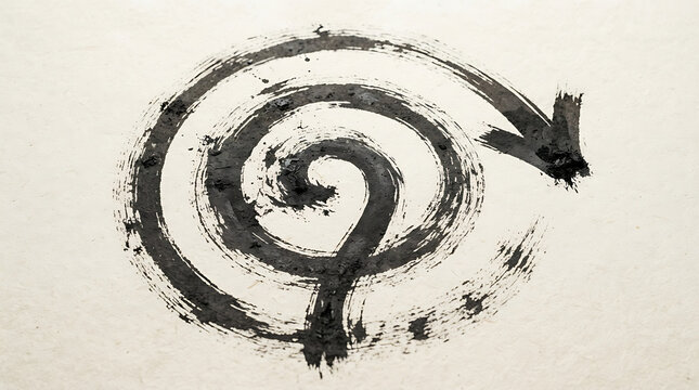 Spiral arrow painted with black ink rests on textured handmade paper background.