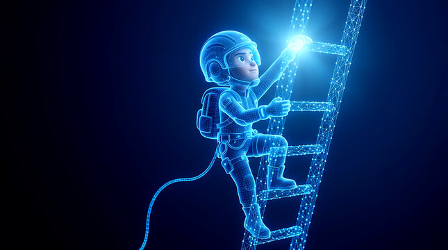 Futuristic Climber Ascending Digital Ladder 3D wireframe glowing character for career growth, ambition, and business success concept