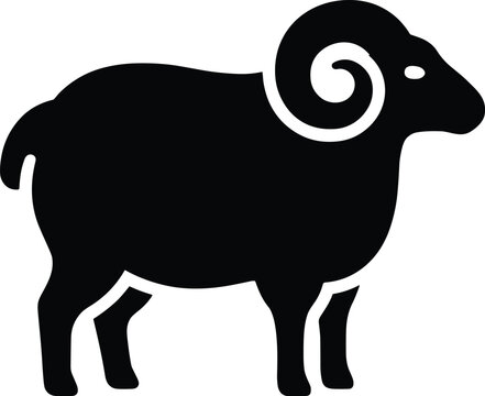Vector illustration of a ram icon, a stylized silhouette of a male sheep with large curled horns, representing strength and zodiac sign