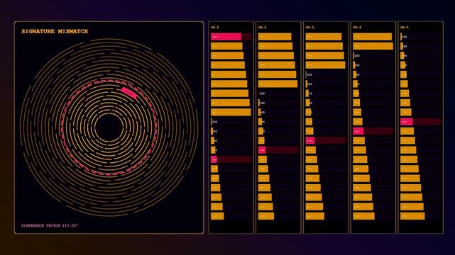 Anomaly detection interface displaying circular spiral patterns and glowing amber bar charts with shifting digital metrics in a dark environment during a complex data analysis process