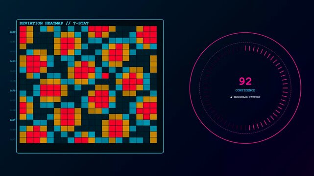 Advanced digital anomaly detection interface displaying colorful matrix grids and confidence metrics on dark futuristic screens inside a modern control room