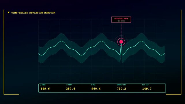 Advanced digital anomaly detection graphs displaying glowing cyan data streams and statistics on dark futuristic monitor screens inside a control center