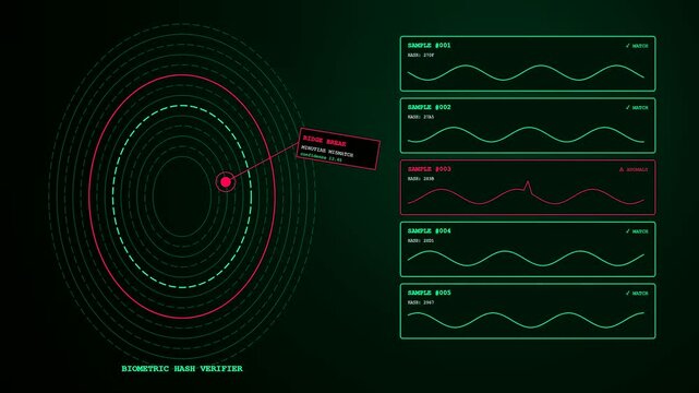A digital anomaly detection interface visualizes biometric hash data analysis as three separate screen displays showcase red waveform glitches appearing on repeating green circular radar line monitors