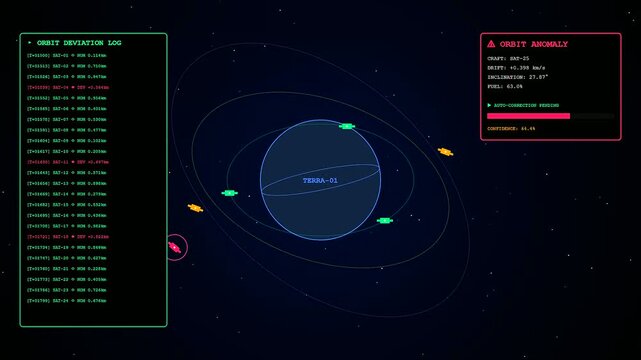 Anomaly detection software showing orbital mechanics simulation on a dark digital computer interface screen with moving planet graphics and data logs