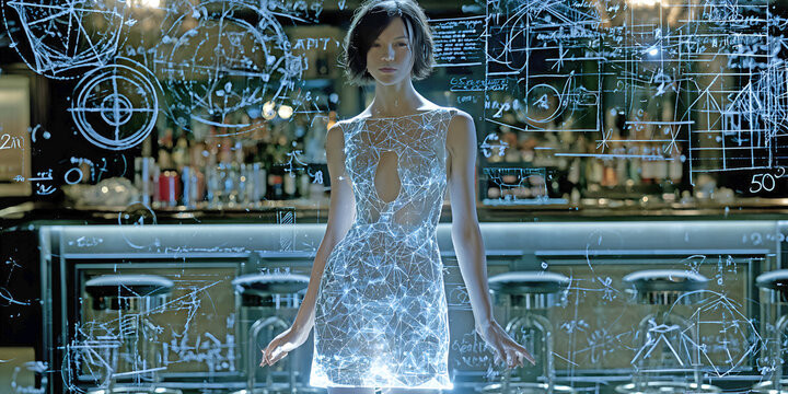 The Figure Who Stands in Soft Light as Constellations Glow and Floating Diagrams Orbit Like Living Thought, ai generated.