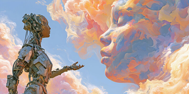 The Machine That Reaches Toward a Cloud‑Born Face as Color and Metal Meet in a Moment of Living Connection, ai generated.