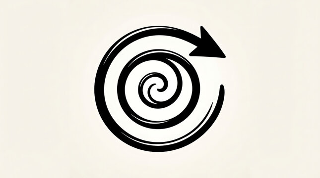 Arrow sweeps around a centered spiral design created with thick black ink on paper.