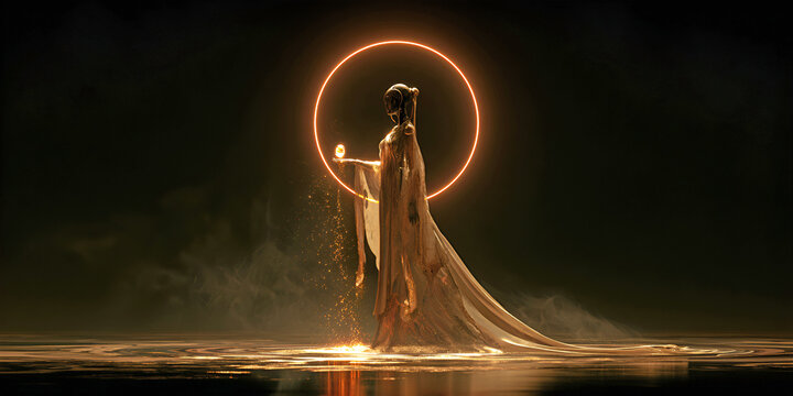 Stand in Sacred Light as Halos Glow and Celestial Power Shines from Crescent, Star, and Sphere, ai generated.