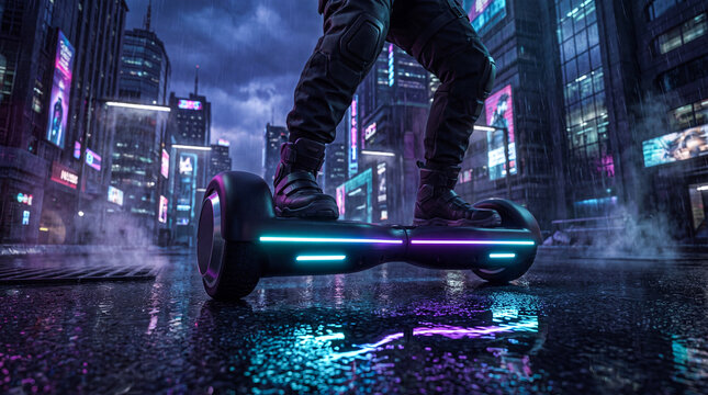 Person riding a hoverboard on wet city street. Self-balancing scooter in urban night scene.