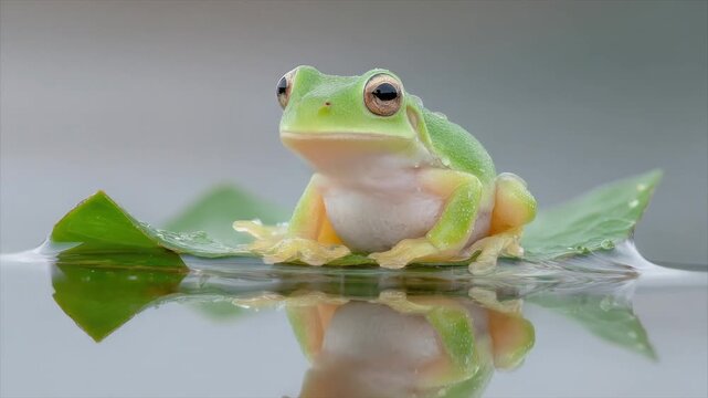 A green frog sits on a leaf in still water, reflected below. Focused portrait