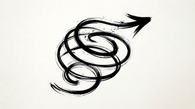 Arrow drawn in black ink curls upward in a spiral motion on a textured white paper background.