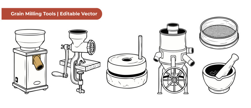 Grain milling tools vector set featuring traditional millstone manual hand grinder electric flour machine sieve mortar and pestle outline icons for agriculture bakery food processing graphic design