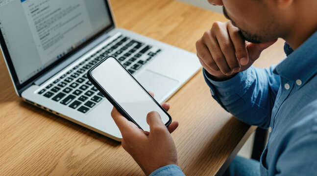 Man sits at desk with laptop holding mobile phone. Person interacts with blank device screen to manage digital account settings. User decides to click unsubscribe button on smartphone app. Pro