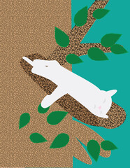 A vector art of a sleeping cat up on a tree branch.