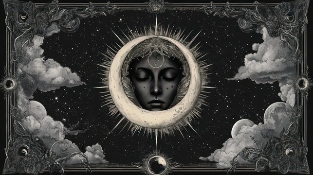 Magical banner for astrology, celestial alchemy. Heavenly art for the zodiac, tarot, device of the universe, crescent moon with a face, clouds, sun with the moon on a black background. Esoteric vector