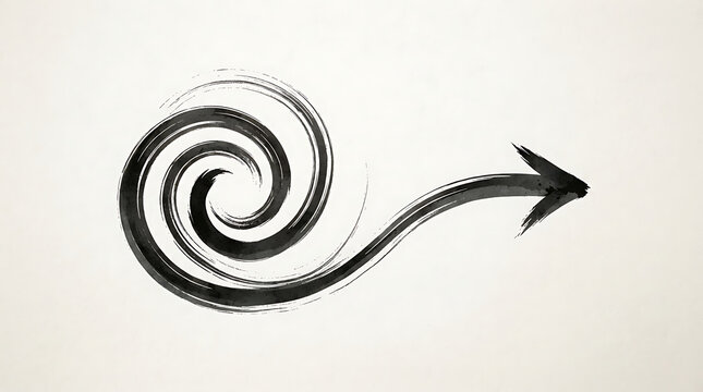 Spiral graphic with an arrow head conveys forward momentum using black ink brush strokes.