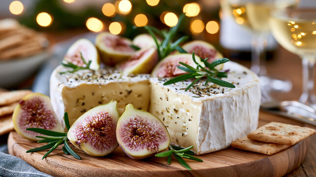 Cheese and figs arranged on wooden board with crackers and wine  